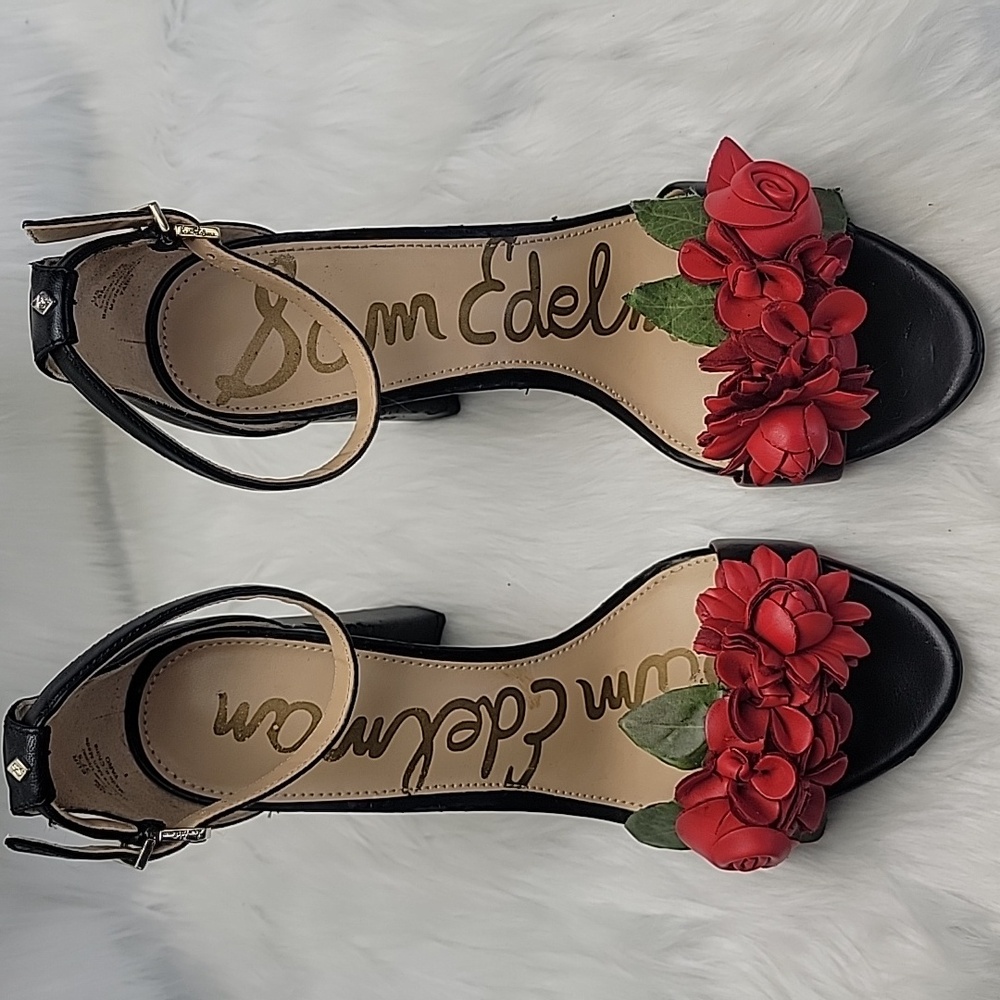 SAM EDELMAN Yaro Black Leather Red Rosette Open Toe Party Block Heel Sandals 7.5 - Picture 3 of 16